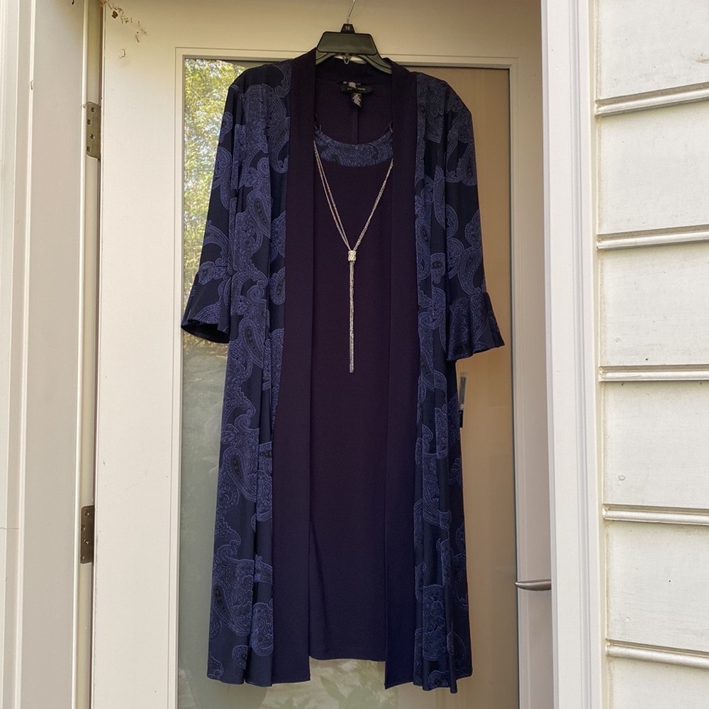 NWT R&M Richard navy cocktail dress and topper and silver color necklace size 16